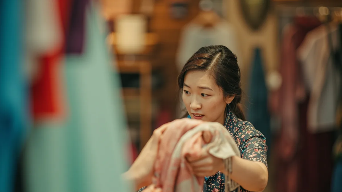 A shopper holds a colorful scarf, asking about different hues, illustrating “do you have other colors” in Chinese: 有别的颜色吗？ (yǒu biéde yánsè ma?)