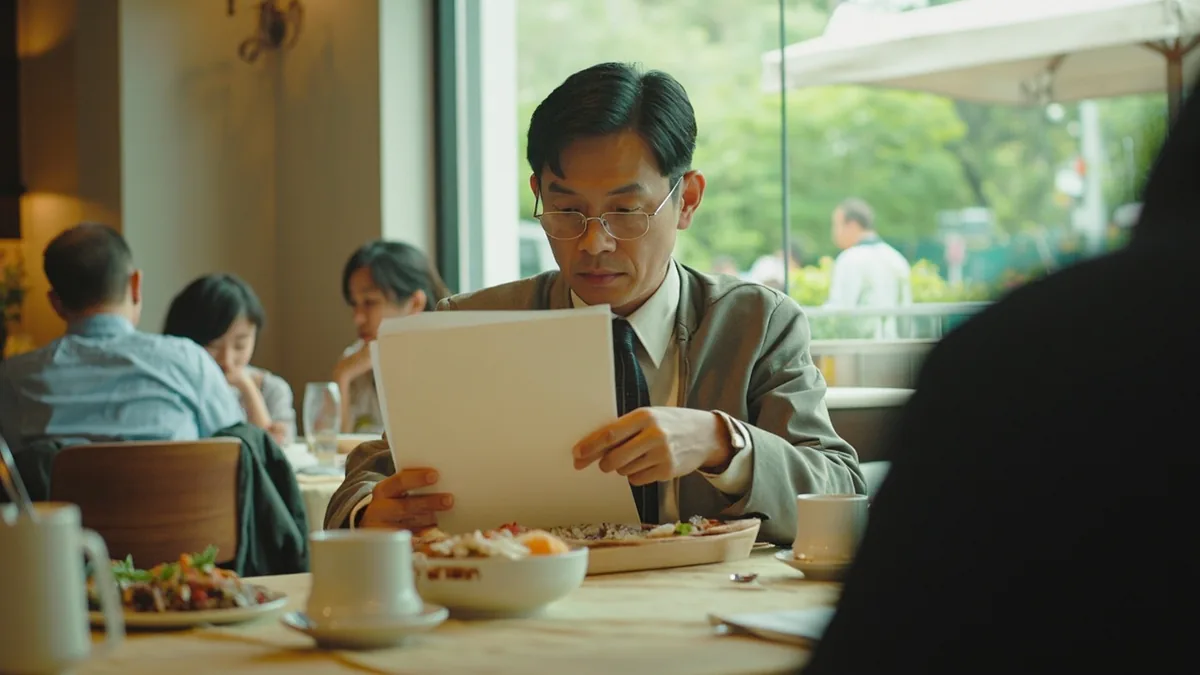A diner asks a server about available vegetarian meal choices, illustrating “do you have vegetarian dishes” in Chinese: 有素食吗？ (yǒu sùshí ma?)