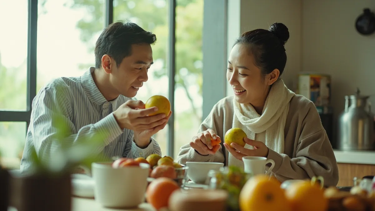 A host kindly encourages a guest to relax and accept hospitality, illustrating “don't be so polite” in Chinese: 别客气 (bié kèqi)