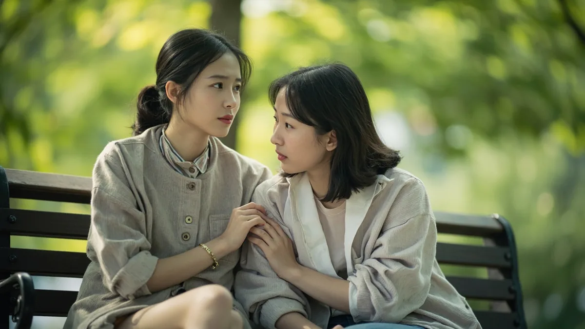 A friend offers reassurance to another person who seems troubled, illustrating “don't worry” in Chinese: 别担心 (bié dānxīn)