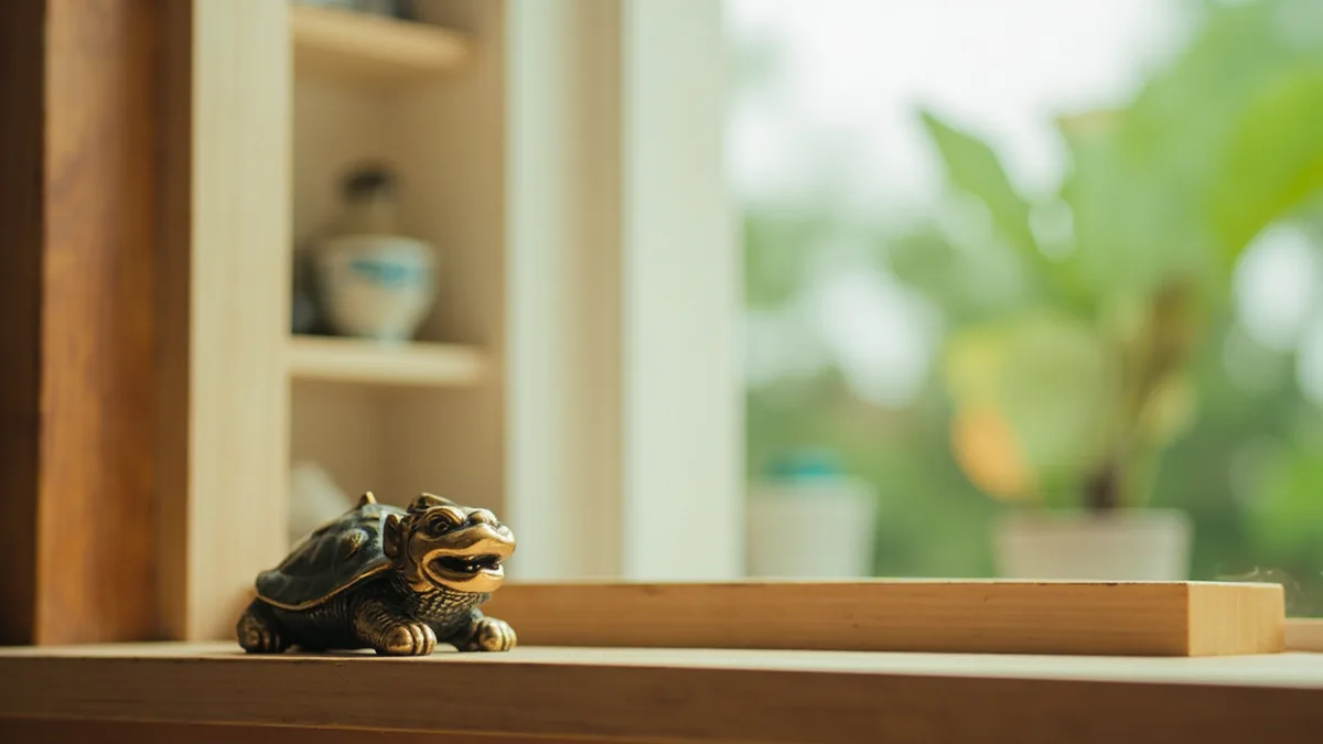 A small decorative dragon turtle statue sits on a shelf in a modern home, illustrating “dragon turtle” in Chinese: 龙龟 (lóngguī)