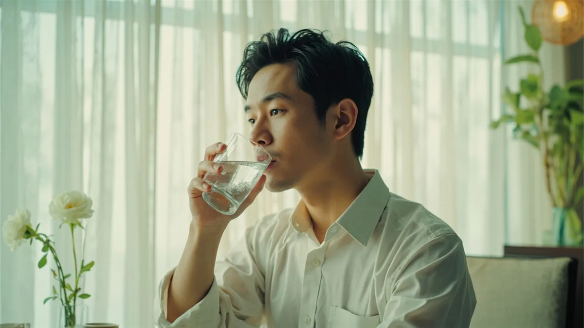 A person takes a refreshing sip from a glass of water, illustrating “drink” in Chinese: 喝 (hē)
