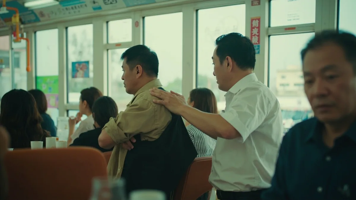 A person gently taps another's shoulder to get their attention, illustrating “excuse me” in Chinese: 不好意思 (bù hǎo yìsi)