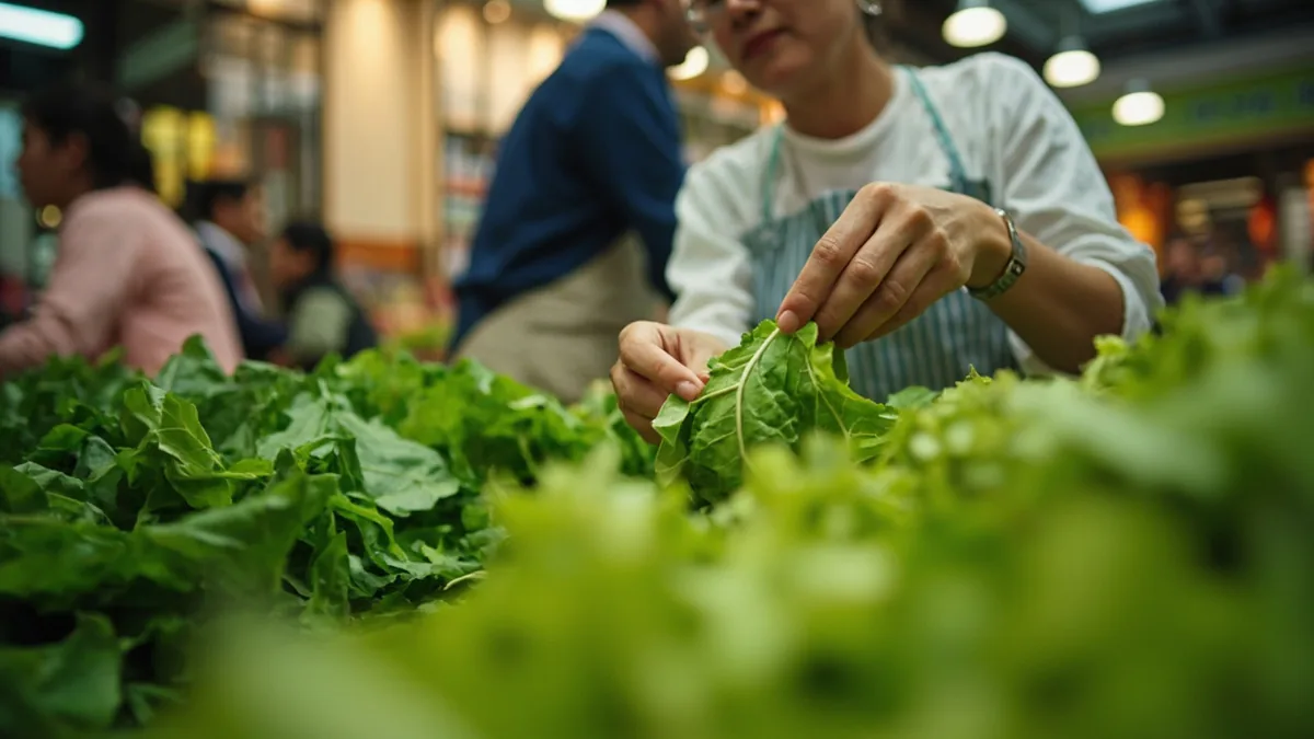 A person carefully selects fresh vegetables at a market stall, illustrating “food” in Chinese: 食物 (shíwù)