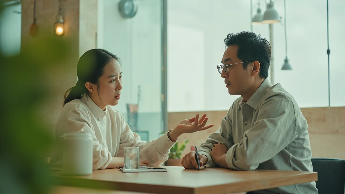 A person asks a colleague for early notification about a schedule change, illustrating “give me advance notice” in Chinese: 提前通知我 (tíqián tōngzhī wǒ)