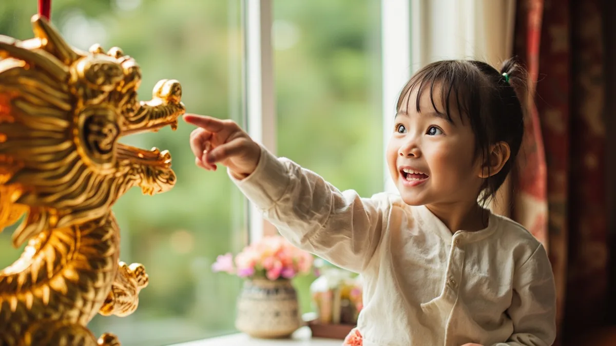 A child points to a vibrant gold dragon decoration at a family gathering, illustrating “gold dragon” in Chinese: 金龙 (jīnlóng)