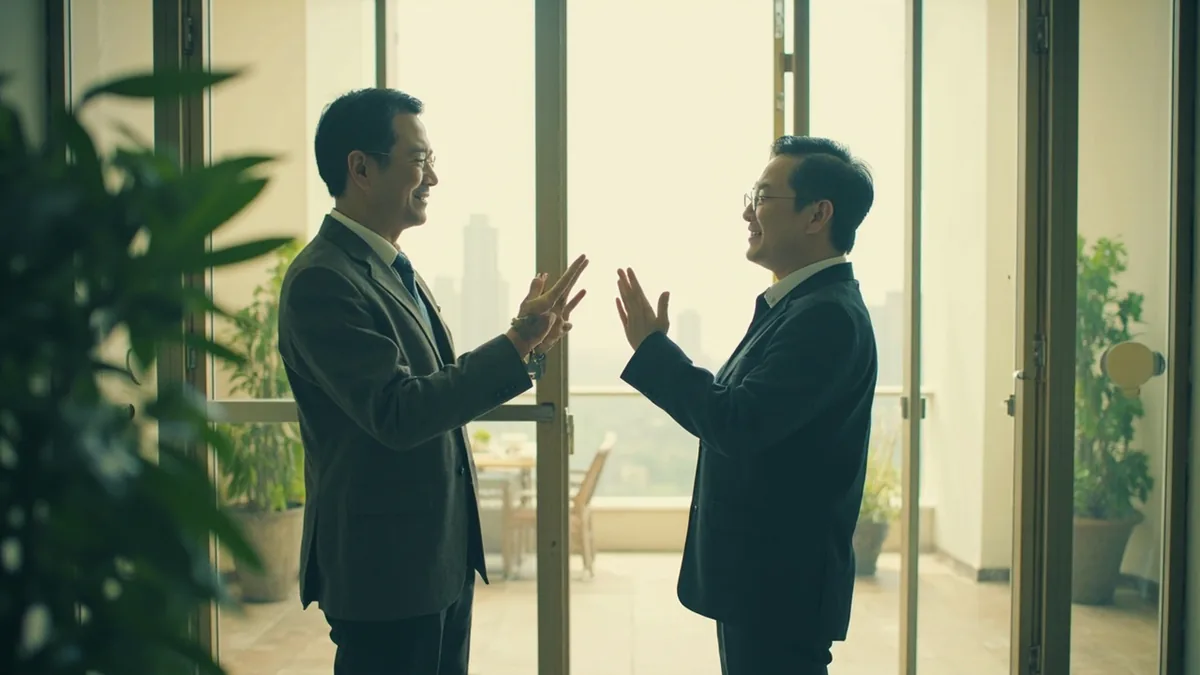 Two adult colleagues exchange a warm farewell gesture after work, illustrating “good day” in Chinese: 祝你今天愉快 (zhù nǐ jīntiān yúkuài)
