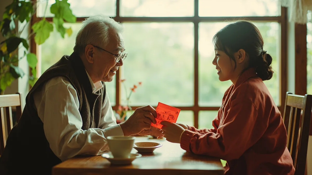 An adult gives a red envelope to a younger family member, illustrating “good wealth” in Chinese: 恭喜发财 (gōngxǐ fācái)