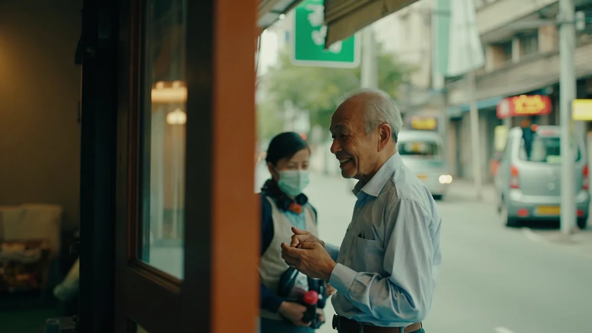 An elderly man smiles and nods while greeting a neighbor, illustrating “greet” in Chinese: 问好 (wènhǎo)