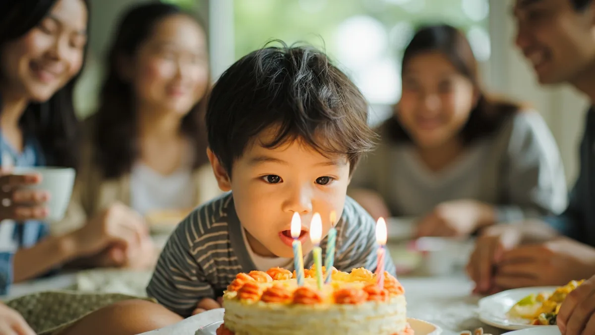 A child blows out candles on a colorful birthday cake, illustrating “happy birthday” in Chinese: 生日快乐 (shēngrì kuàile)