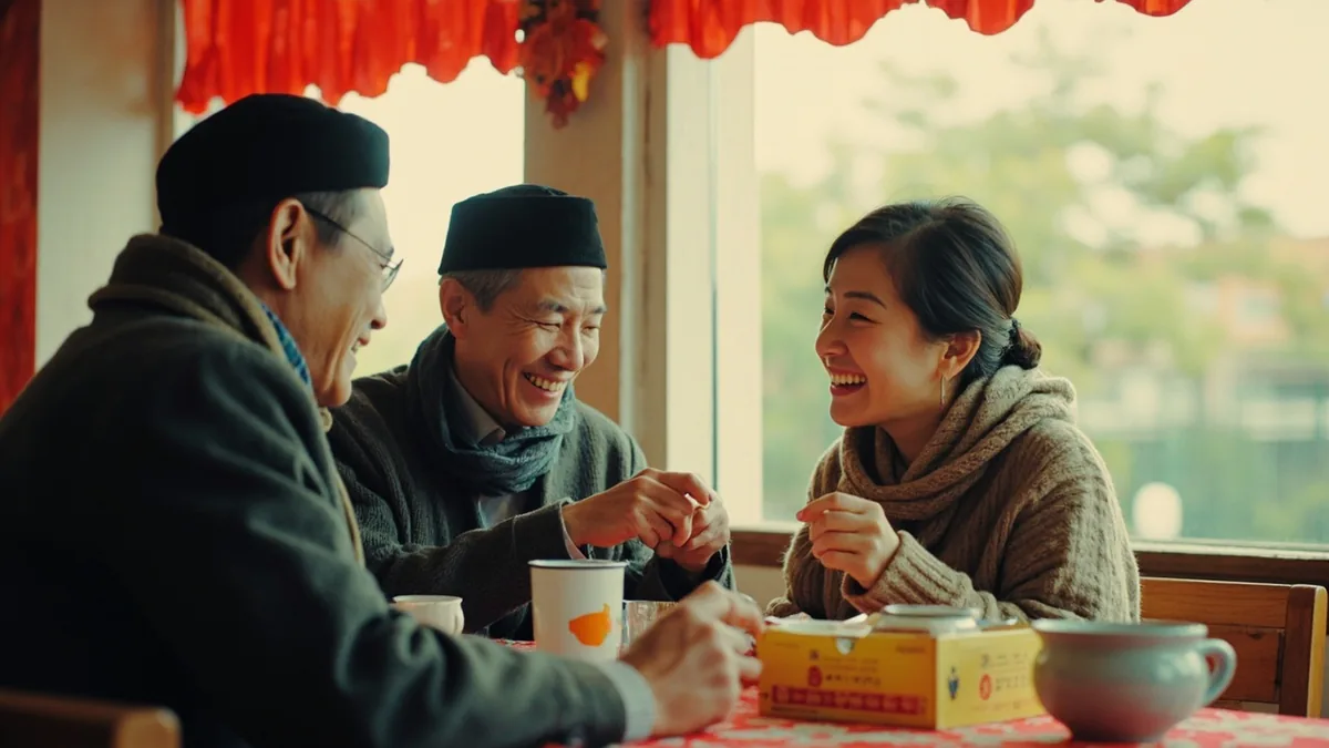 Two friends exchange joyful greetings at a lively festive gathering, illustrating “happy China year” in Chinese: 春节快乐 (Chūnjié kuàilè)