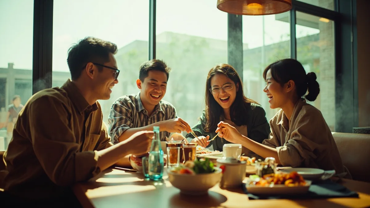 A group of young single adults enjoys a lively meal together, illustrating “happy singles' day” in Chinese: 光棍节快乐 (Guānggùnjié kuàilè)