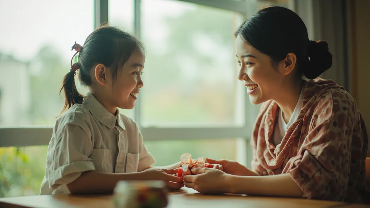 A young student offers a small token of appreciation to their teacher, illustrating “happy teachers day” in Chinese: 教师节快乐 (jiàoshījié kuàilè)