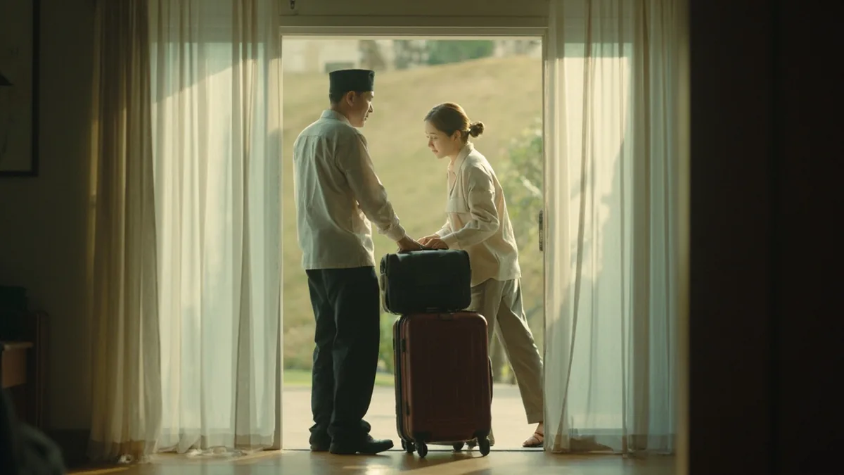 A hotel staff member bids farewell to a departing guest, illustrating “have a pleasant trip” in Chinese: 祝您旅途愉快 (zhù nín lǚtú yúkuài)