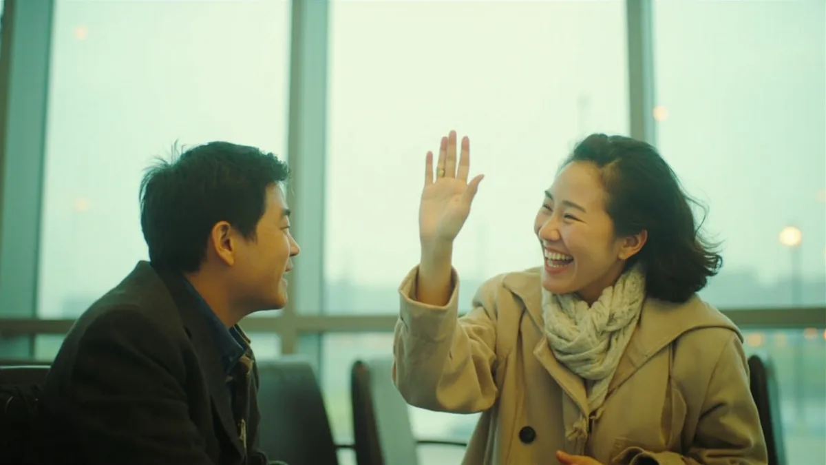 A family waves goodbye to friends departing for a trip, illustrating “have a wonderful time” in Chinese: 祝您玩得愉快 (zhù nín wán de yúkuài)