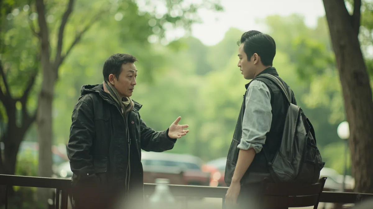 A woman points to a man in a group conversation, illustrating “he” in Chinese: 他 (tā)