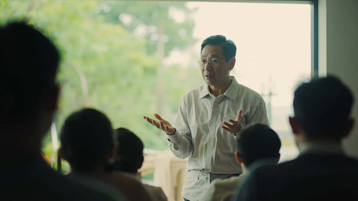 A speaker greets a small gathering of people warmly, illustrating “hello everyone” in Chinese: 大家好 (dàjiā hǎo)