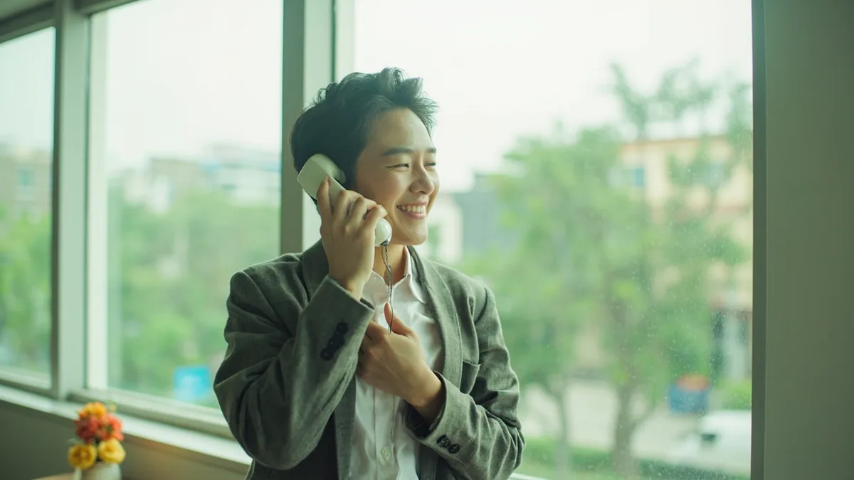 A caller introduces themselves on the phone, illustrating “hello, this is … (on the phone)” in Chinese: 喂，我是…… (wéi, wǒ shì...)