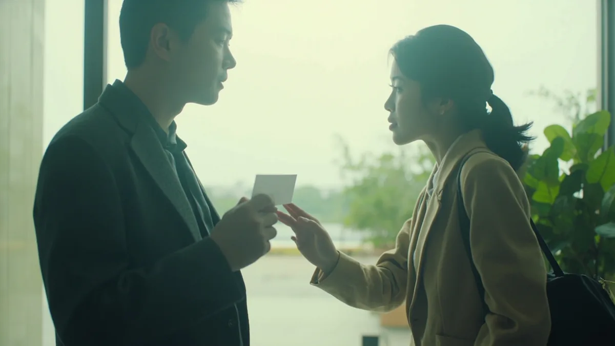 A professional adult presents a blank business card to a new acquaintance, illustrating “here is my business card” in Chinese: 这是我的名片 (zhè shì wǒ de míngpiàn)