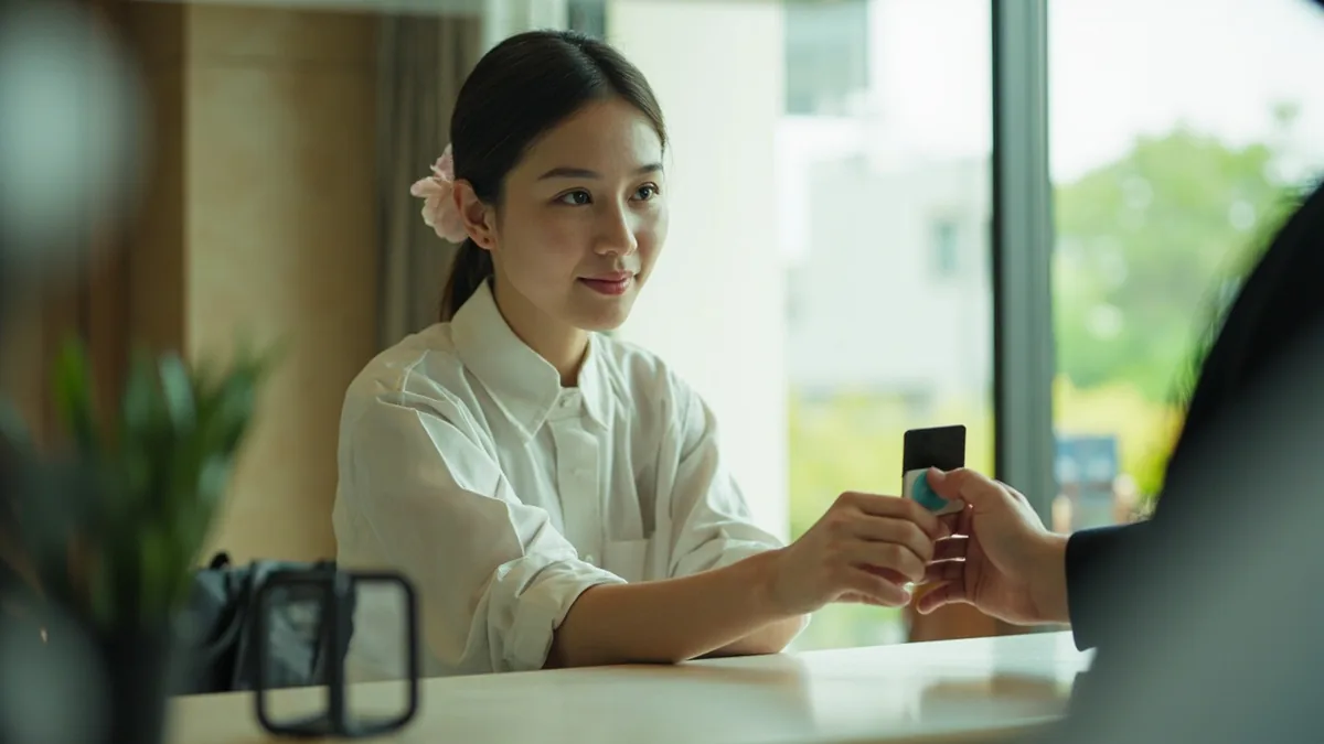 A hotel desk clerk hands a guest a plain electronic room key, illustrating “here is your room key” in Chinese: 这是您的房卡 (zhè shì nín de fángkǎ)