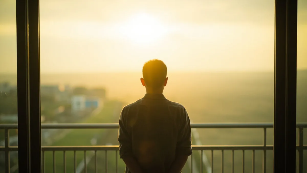 A person gazes thoughtfully at a serene sunrise over a distant landscape, illustrating “hope faith love” in Chinese: 信望爱 (xìn wàng ài)