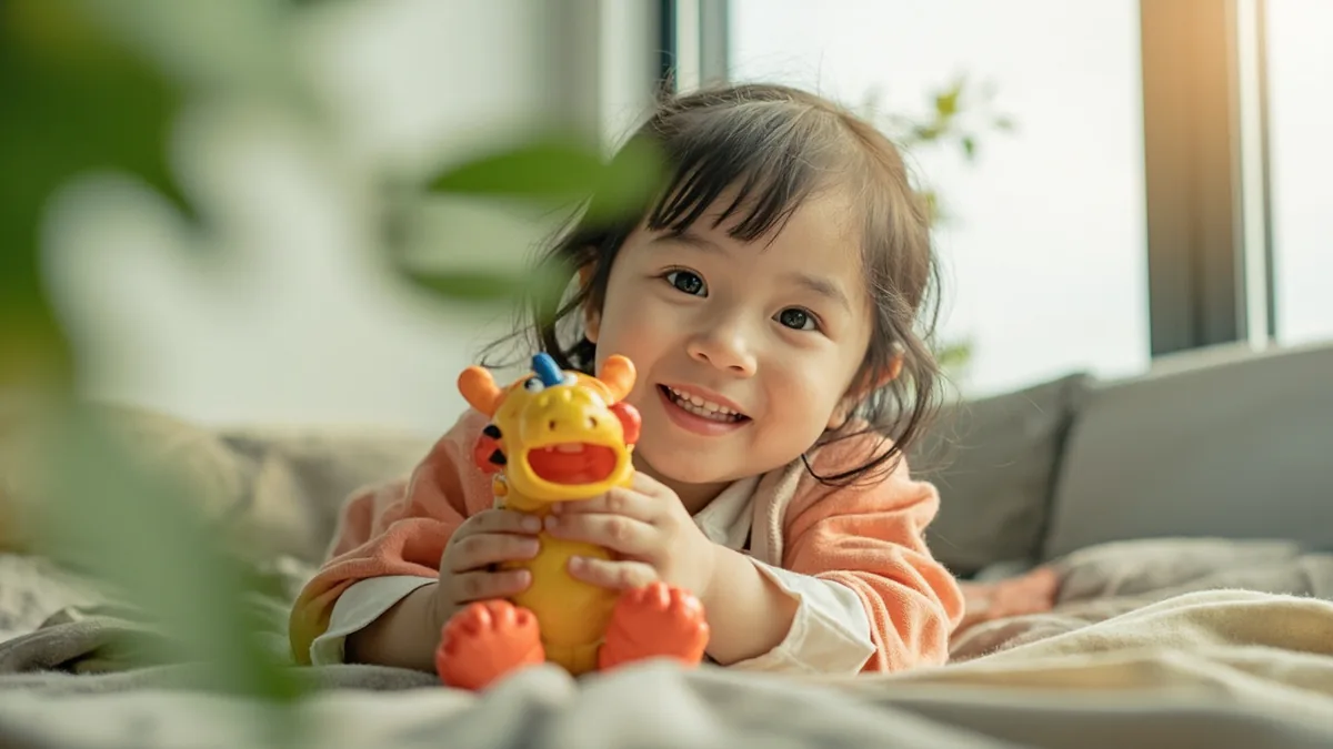 A child plays with a colorful toy dragon that has small horns, illustrating “horned dragon” in Chinese: 角龙 (jiǎolóng)