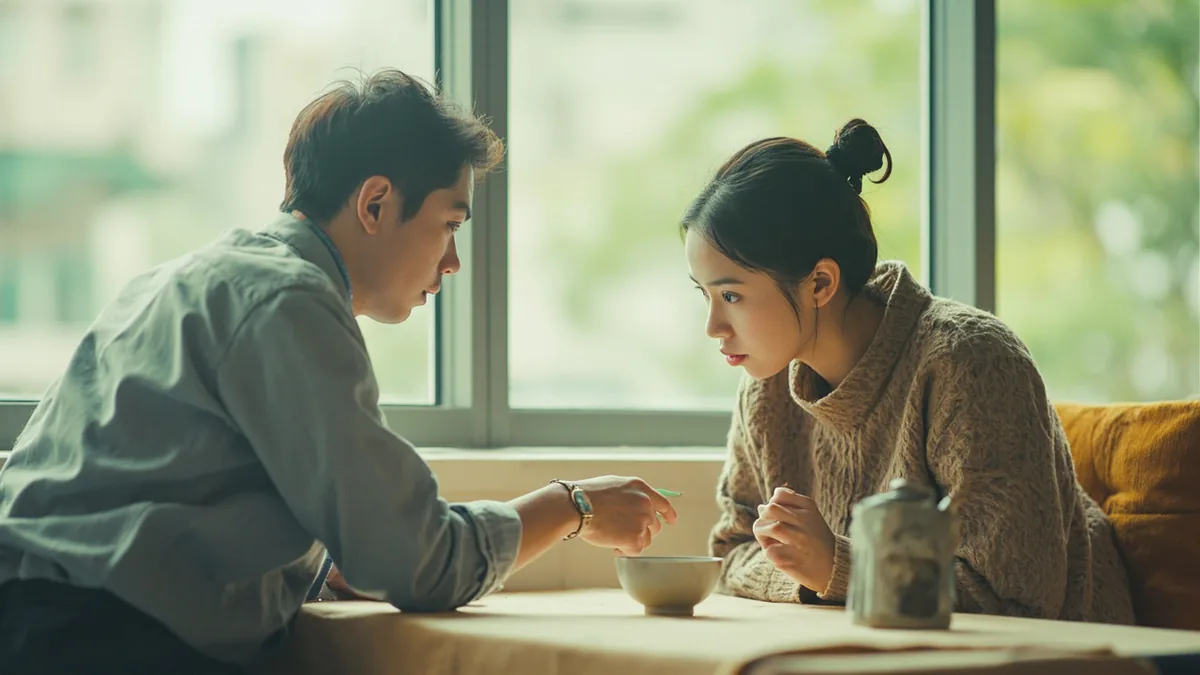 A language learner points to an object, asking its name in Chinese, illustrating “how do you say this in Chinese” in Chinese: 这个用中文怎么说？ (Zhège yòng Zhōngwén zěnme shuō?)