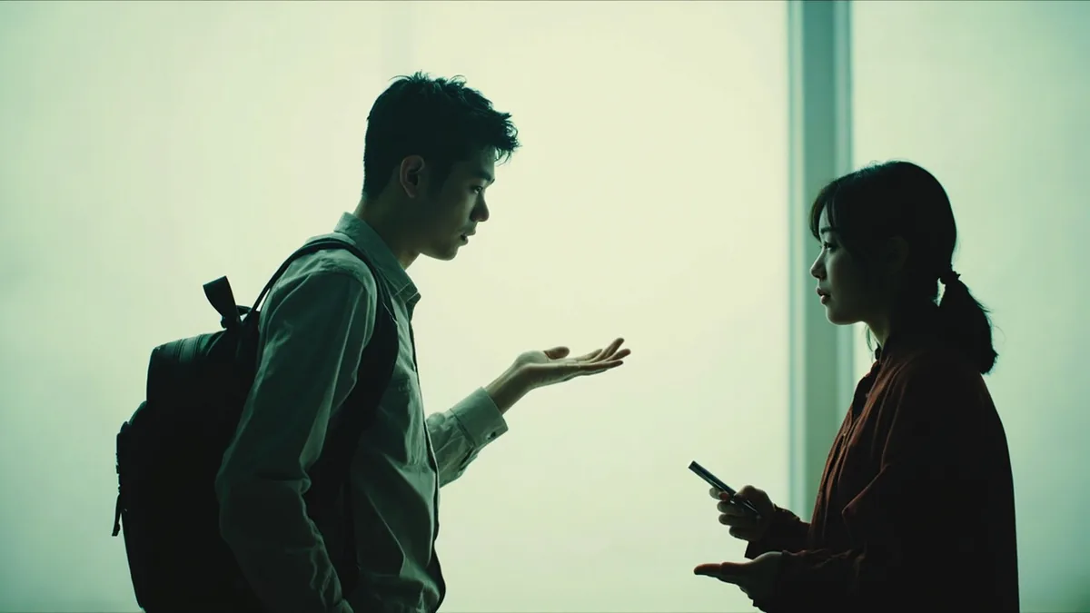 A traveler gestures to another person, asking about the cost for one night's accommodation, illustrating “how much per night” in Chinese: 一晚多少钱？ (yī wǎn duōshao qián?)