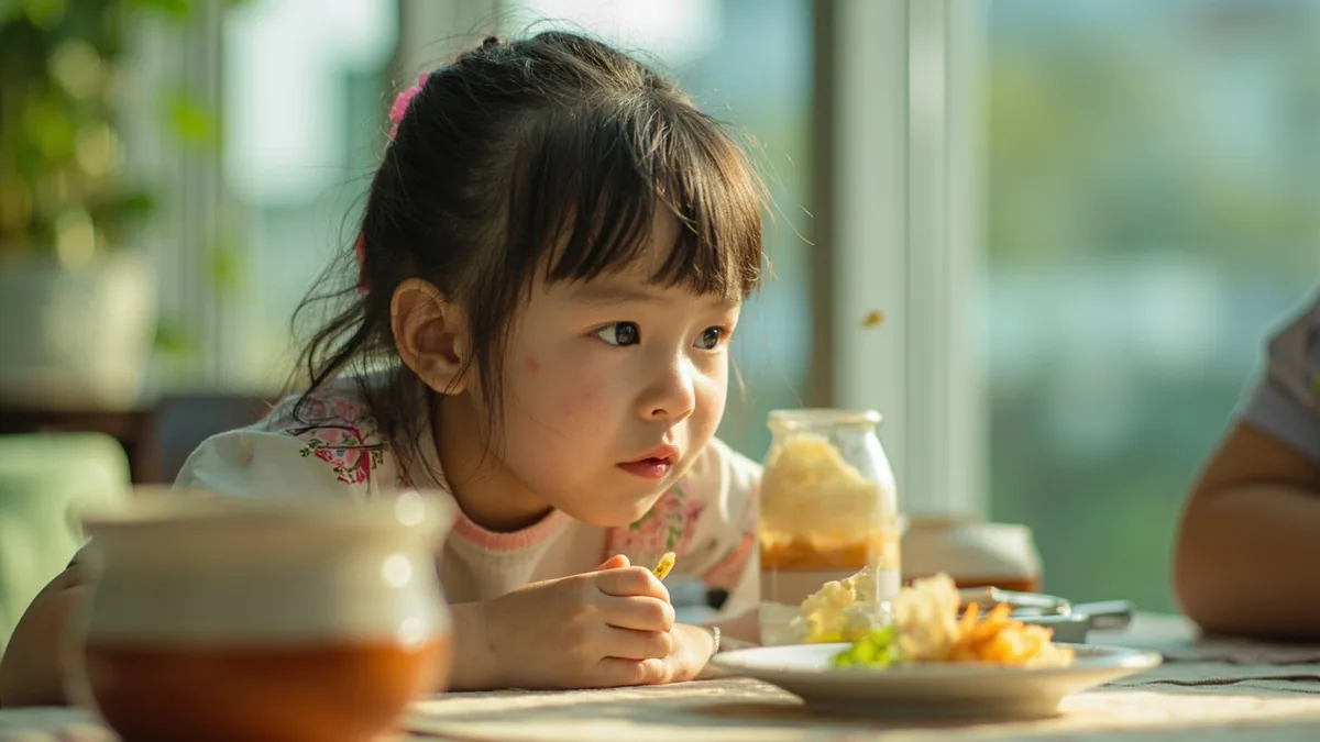 A child makes a slightly displeased face at a new food, illustrating “I don't like it” in Chinese: 我不喜欢 (wǒ bù xǐhuan)