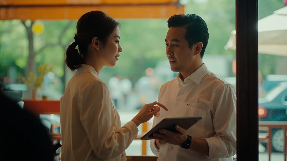 A person confirms their dining reservation with an attentive restaurant host, illustrating “I have a reservation” in Chinese: 我预订了房间 (wǒ yùdìng le fángjiān)