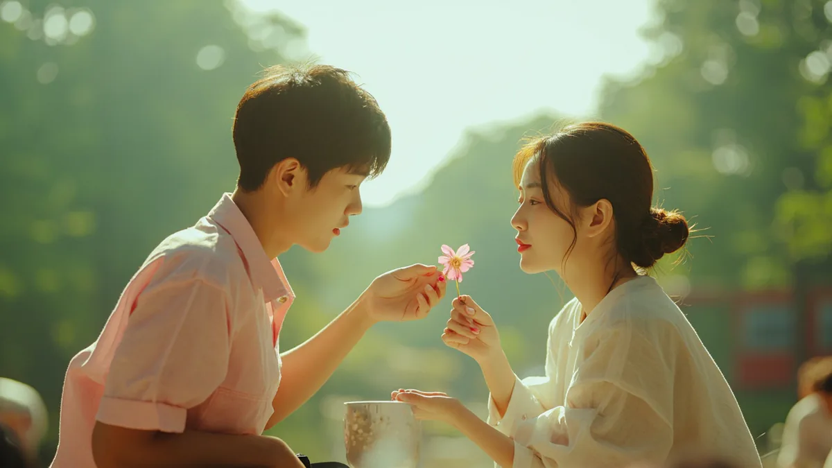 A person shyly offers a small flower to another in a park, illustrating “I like you” in Chinese: 我喜欢你 (wǒ xǐhuan nǐ)
