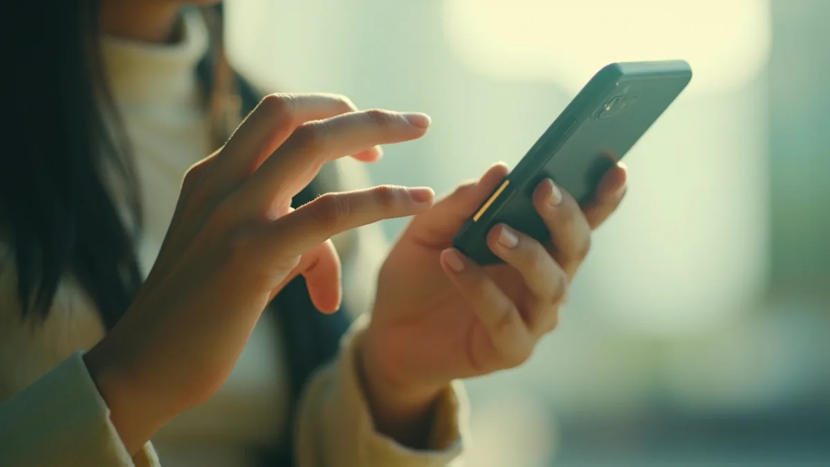 A person's hands, one holding a plain mobile device, the other making a gesture of sending, illustrating “I'll email you” in Chinese: 我给你发邮件 (wǒ gěi nǐ fā yóujiàn)