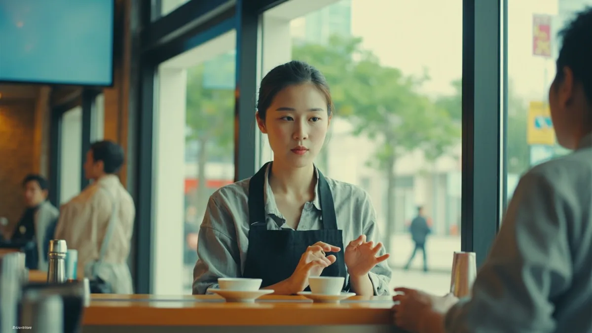 A helpful staff member gestures for assistance for a customer, illustrating “I'll get a Chinese-speaking colleague” in Chinese: 我请一位会说中文的同事过来 (wǒ qǐng yī wèi huì shuō Zhōngwén de tóngshì guòlái)