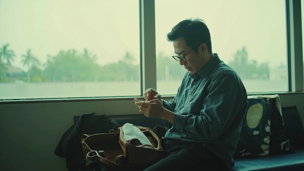 A traveler looks distressed while searching through their empty bag, illustrating “I lost my passport” in Chinese: 我的护照丢了 (wǒ de hùzhào diūle.)