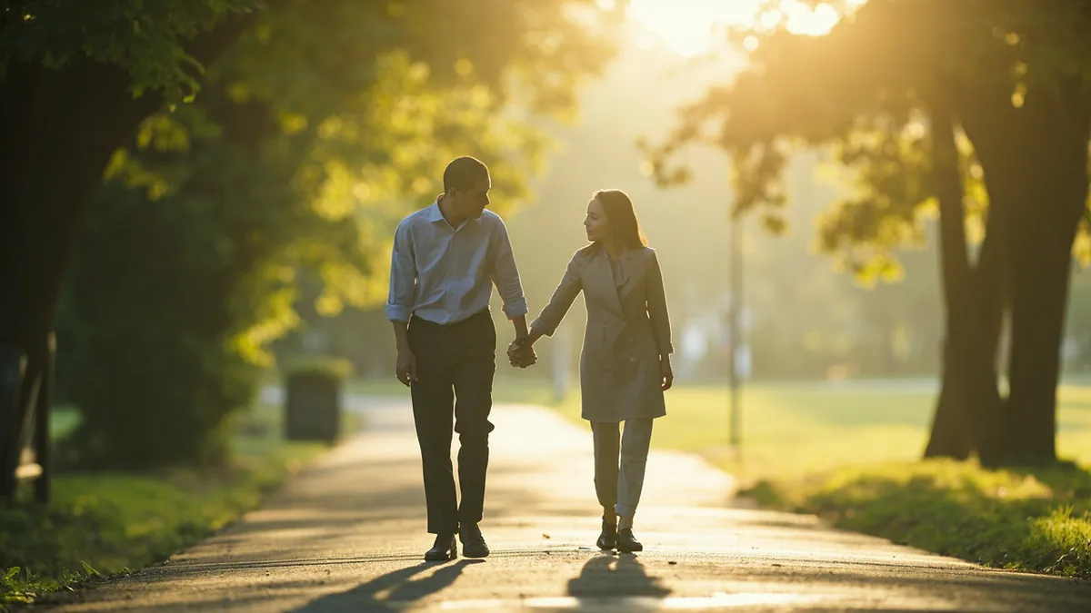 A couple holds hands gently while walking through a park path, illustrating “I love you my love” in Chinese: 我爱你，亲爱的 (wǒ ài nǐ, qīn'ài de)