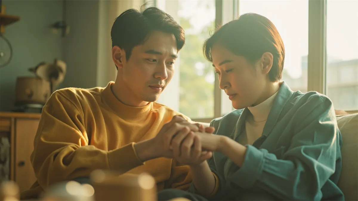 A partner tenderly holds their loved one's hand during a quiet moment, illustrating “I love you so much” in Chinese: 我太爱你了 (wǒ tài ài nǐ le)