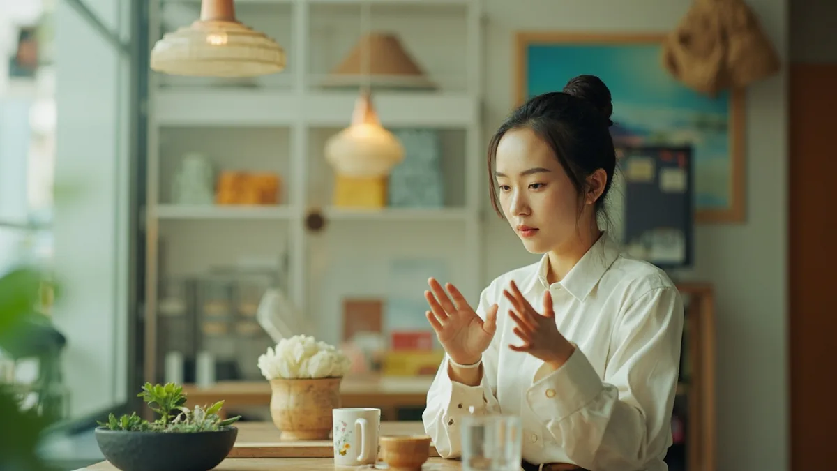 A customer politely waves off a shop assistant while browsing items, illustrating “I'm just looking” in Chinese: 我只是看看 (wǒ zhǐshì kànkan)