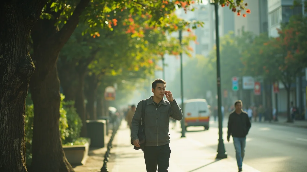 A person walks briskly down a street while talking on a phone, illustrating “I'm on my way” in Chinese: 我在路上 (wǒ zài lùshang)
