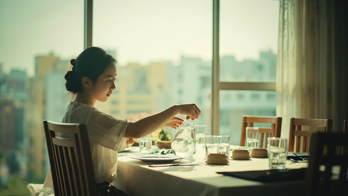 A woman reaches for a pitcher of water at a table, illustrating “I'm thirsty” in Chinese: 我渴了 (wǒ kě le)