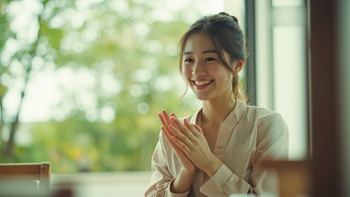 A young woman smiles brightly and claps her hands in delight, illustrating “I'm very happy” in Chinese: 我很开心 (wǒ hěn kāixīn)