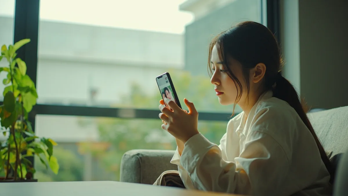 A young person looks at a photo on their phone with a wistful expression, illustrating “I miss you” in Chinese: 我想你 (wǒ xiǎng nǐ)