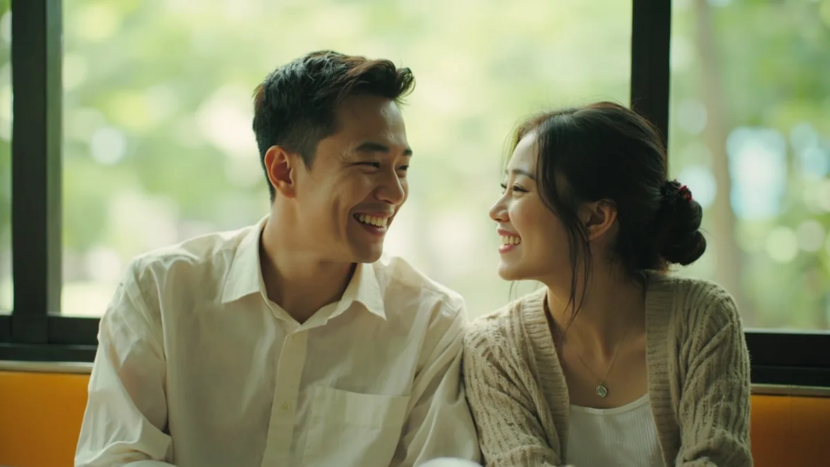 A friend smiles warmly while talking to another person in a park, illustrating “I really like you” in Chinese: 我真的很喜欢你 (wǒ zhēnde hěn xǐhuan nǐ)