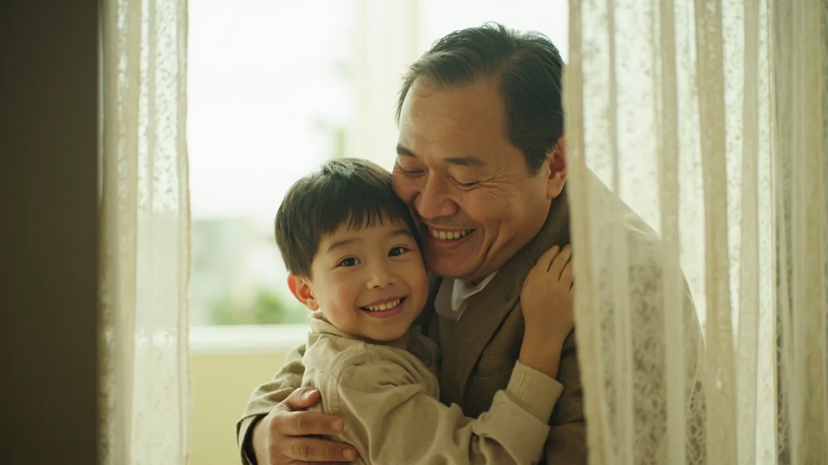 A child excitedly hugs a returning parent at an apartment doorway, illustrating “I really miss you” in Chinese: 我很想你 (wǒ hěn xiǎng nǐ)