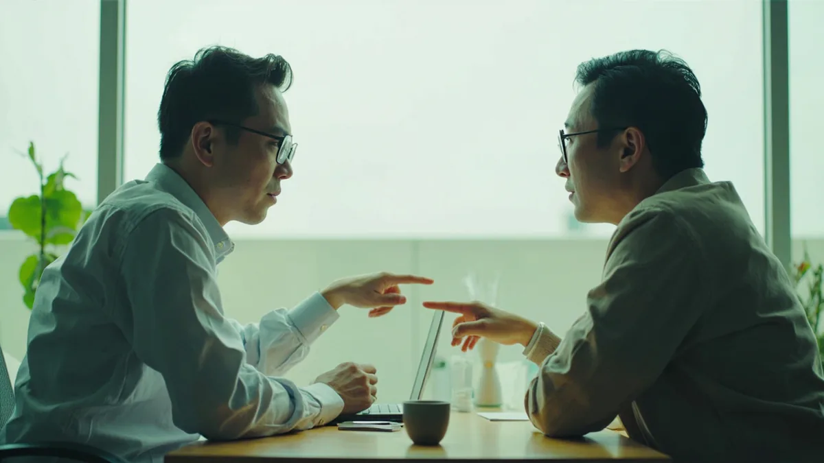 A professional points to a blank laptop screen during a work discussion, illustrating “I've sent you the email, please check it” in Chinese: 邮件发给您了，请查收 (yóujiàn fā gěi nín le, qǐng cháshōu)