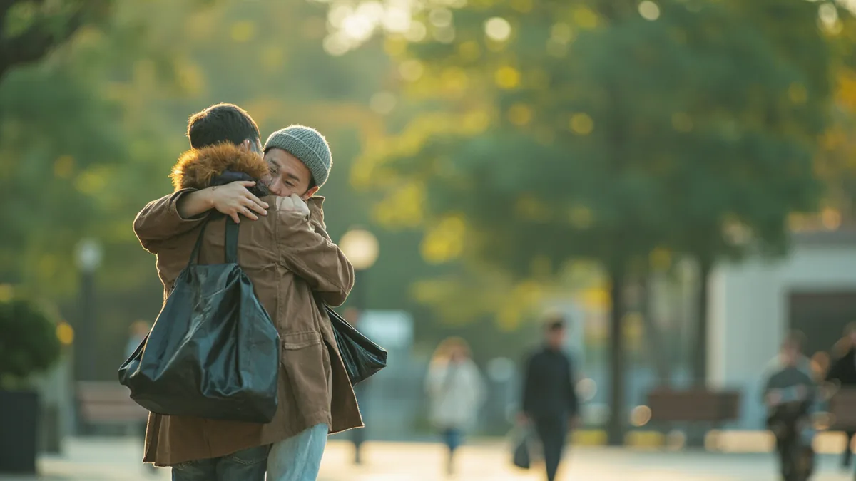 Two friends share a heartfelt hug as one departs, illustrating “I will miss you” in Chinese: 我会想你的 (wǒ huì xiǎng nǐde)