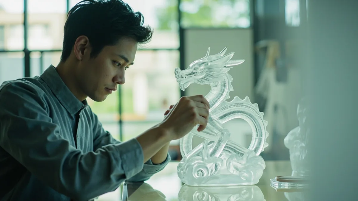 A detailed, translucent figurine depicts a mythical ice dragon, illustrating “ice dragon” in Chinese: 冰龙 (bīng lóng)