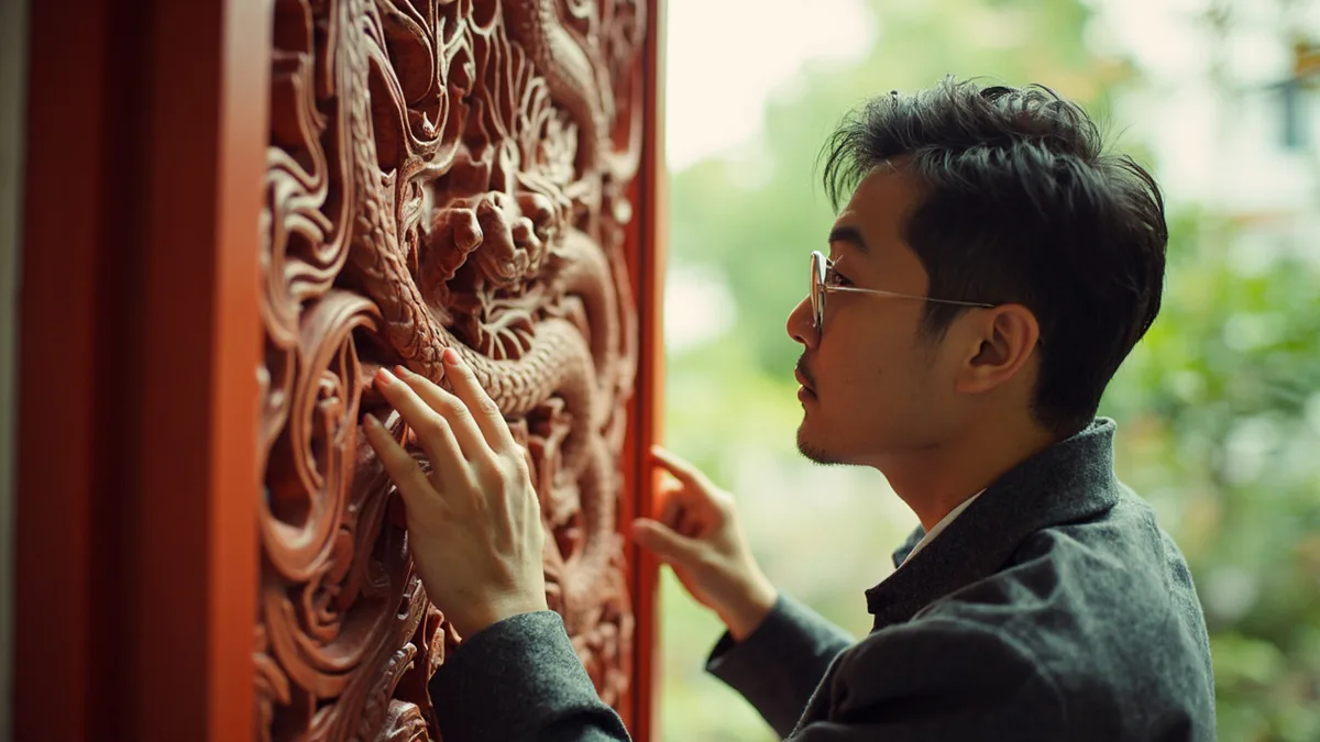 A person admires a detailed carving of a traditional Chinese dragon, illustrating “imperial dragon” in Chinese: 真龙 (zhēnlóng)