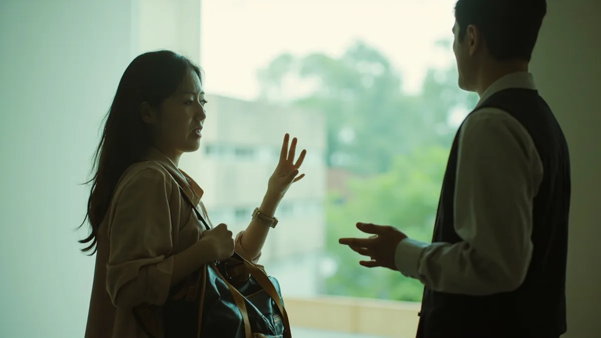 A traveler gestures inquiringly to a guesthouse host, asking about morning meal inclusion, illustrating “is breakfast included” in Chinese: 含早餐吗？ (hán zǎocān ma?)
