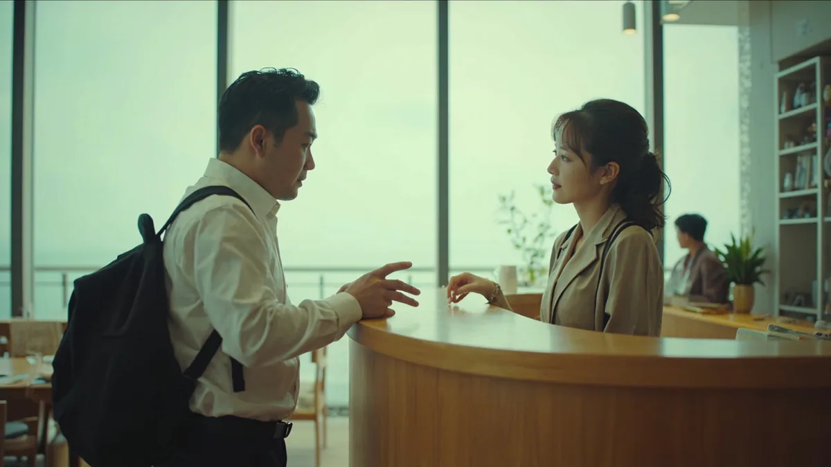 A traveler asks hotel staff to find an interpreter, illustrating “is there someone who speaks English” in Chinese: 有会说英语的人吗？ (yǒu huì shuō Yīngyǔ de rén ma?)