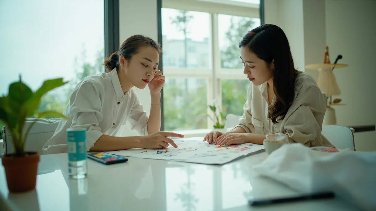 An adult points to an area on a design draft indicating changes are needed, illustrating “it needs improvement” in Chinese: 需要改进 (xūyào gǎijìn)